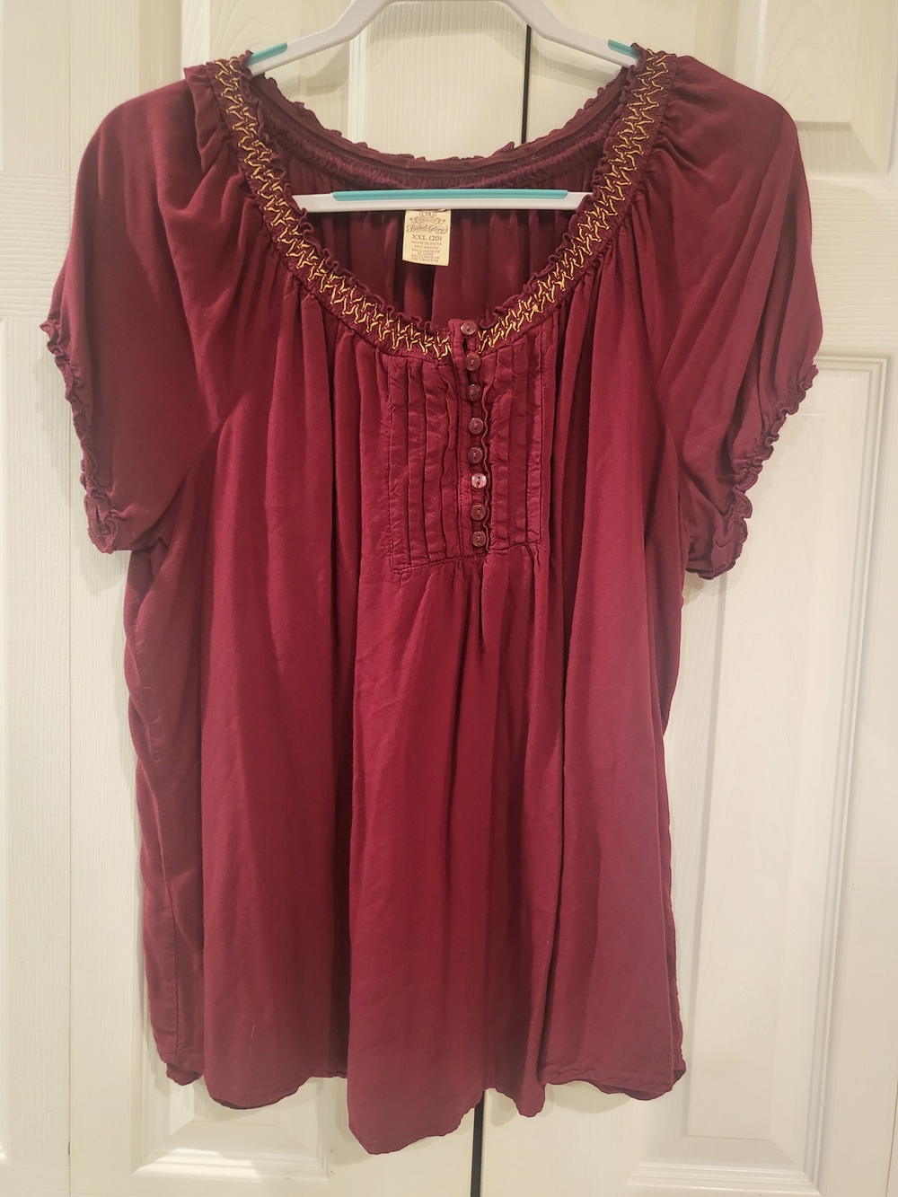 Faded Glory Burgundy Embroidered Peasant Blouse XXL (20)